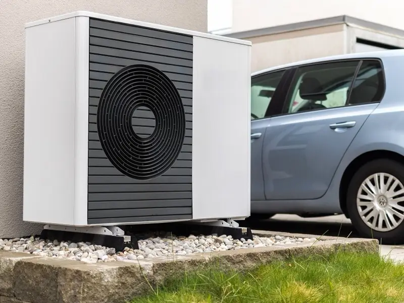 Unité extérieure d’une pompe à chaleur air-eau posée sur un lit de galets contre le mur d’une maison