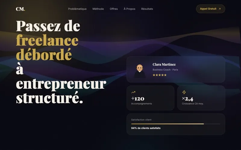 Page d'accueil du site vitrine de la business coach Clara Martinez