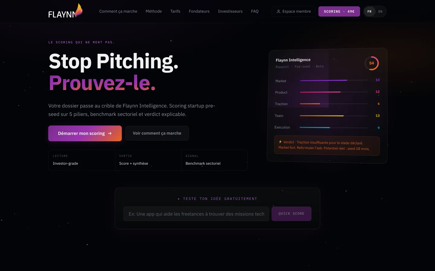 Page d'accueil de Flaynn, plateforme de scoring de startups