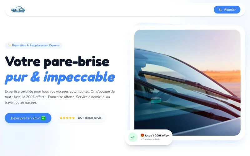 Page d'accueil du site Secours Pare-Brise, réparation de pare-brise