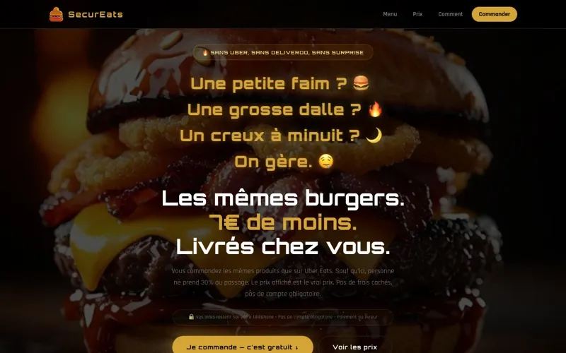 Page d'accueil du site SecurEats, commande de fast-food en ligne
